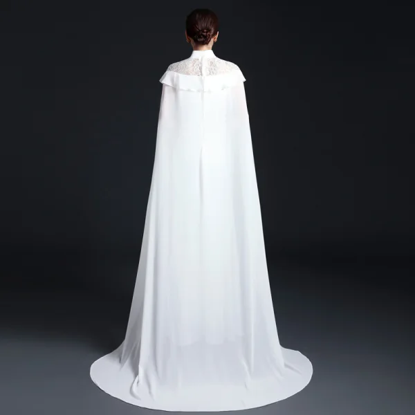 Chic / Beautiful White Cheongsam / Qipao 2021 Trumpet / Mermaid High Neck Short Sleeve Appliques Embroidered Watteau Train Ruffle Formal Dresses