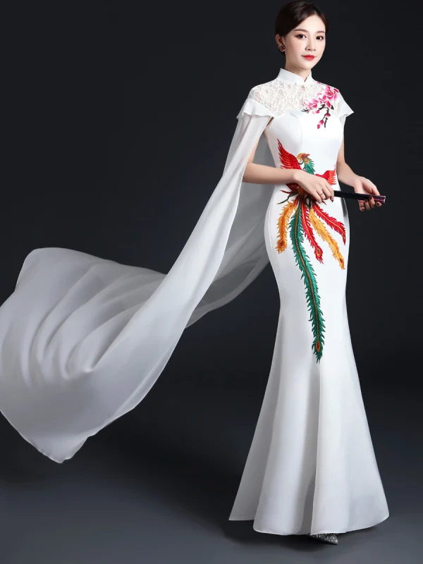 Chic / Beautiful White Cheongsam / Qipao 2021 Trumpet / Mermaid High Neck Short Sleeve Appliques Embroidered Watteau Train Ruffle Formal Dresses