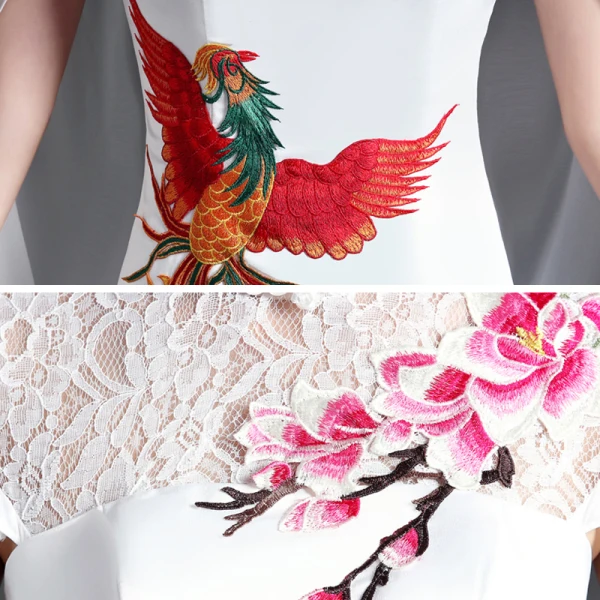 Chic / Beautiful White Cheongsam / Qipao 2021 Trumpet / Mermaid High Neck Short Sleeve Appliques Embroidered Watteau Train Ruffle Formal Dresses
