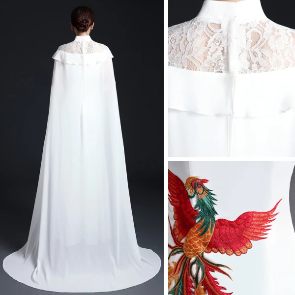 Chic / Beautiful White Cheongsam / Qipao 2021 Trumpet / Mermaid High Neck Short Sleeve Appliques Embroidered Watteau Train Ruffle Formal Dresses