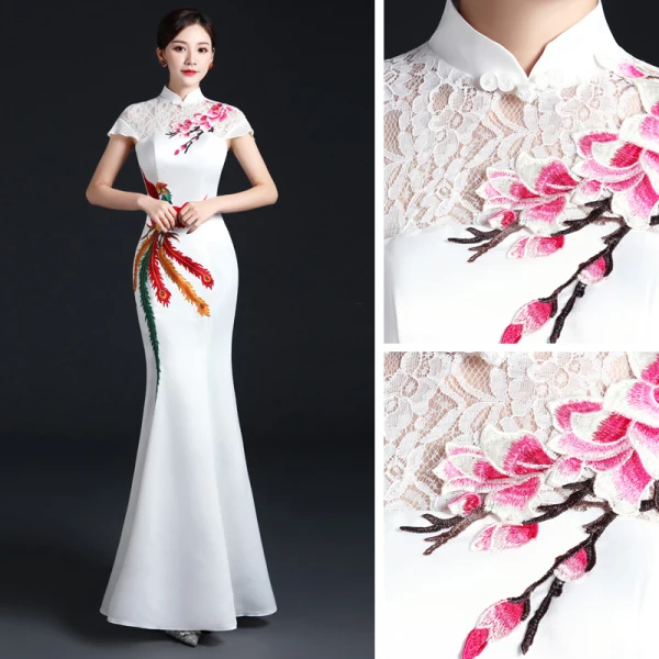 Chic / Beautiful White Cheongsam / Qipao 2021 Trumpet / Mermaid High Neck Short Sleeve Appliques Embroidered Watteau Train Ruffle Formal Dresses