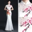 Chic / Beautiful White Cheongsam / Qipao 2021 Trumpet / Mermaid High Neck Short Sleeve Appliques Embroidered Watteau Train Ruffle Formal Dresses