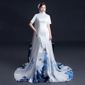 Chinese Style White Satin Printing Cheongsam Qipao 2021 Trumpet Mermaid High Neck 1 2 Sleeves Watteau Train Formal Dresses