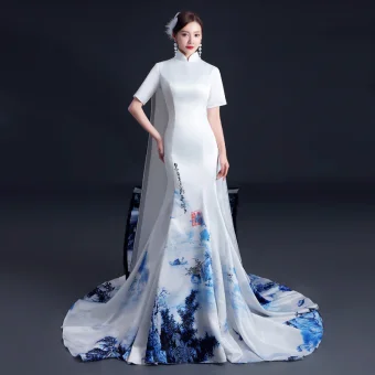 Chinese Style White Satin Printing Cheongsam Qipao 2021 Trumpet Mermaid High Neck 1 2 Sleeves Watteau Train Formal Dresses