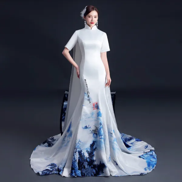 Chinese style White Satin Printing Cheongsam / Qipao 2021 Trumpet / Mermaid High Neck 1/2 Sleeves Watteau Train Formal Dresses