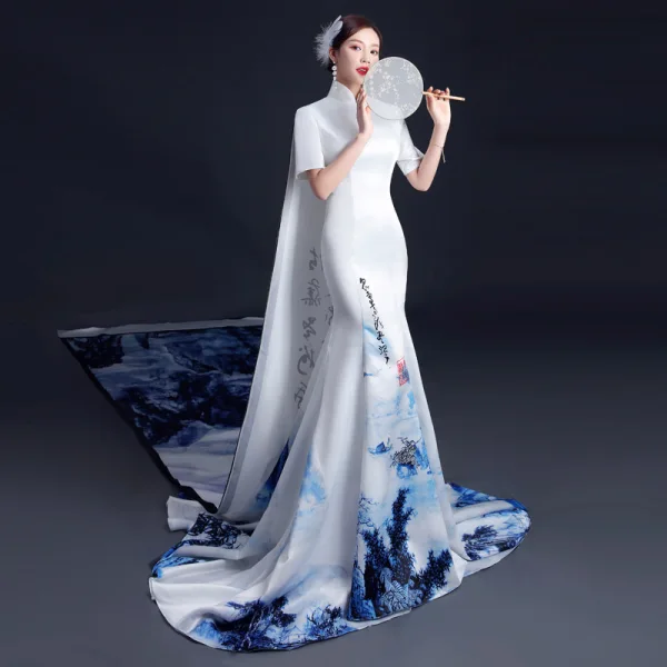 Chinese style White Satin Printing Cheongsam / Qipao 2021 Trumpet / Mermaid High Neck 1/2 Sleeves Watteau Train Formal Dresses