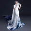 Chinese style White Satin Printing Cheongsam / Qipao 2021 Trumpet / Mermaid High Neck 1/2 Sleeves Watteau Train Formal Dresses