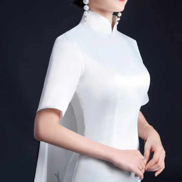 Chinese style White Satin Printing Cheongsam / Qipao 2021 Trumpet / Mermaid High Neck 1/2 Sleeves Watteau Train Formal Dresses
