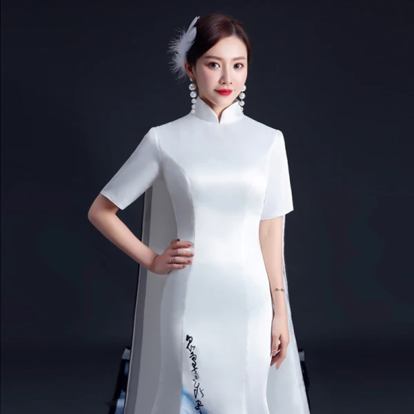 Chinese style White Satin Printing Cheongsam / Qipao 2021 Trumpet / Mermaid High Neck 1/2 Sleeves Watteau Train Formal Dresses