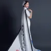 Chinese style White Satin Printing Cheongsam / Qipao 2021 Trumpet / Mermaid High Neck 1/2 Sleeves Watteau Train Formal Dresses