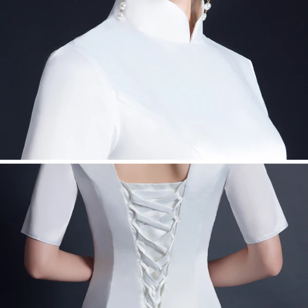 Chinese style White Satin Printing Cheongsam / Qipao 2021 Trumpet / Mermaid High Neck 1/2 Sleeves Watteau Train Formal Dresses