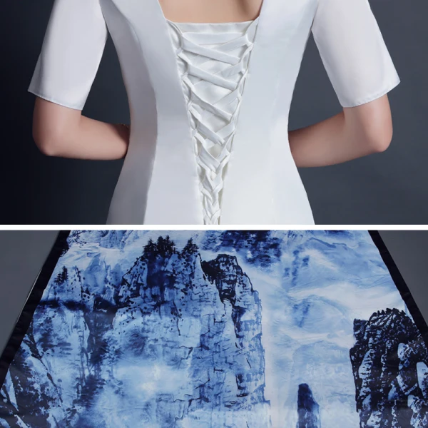 Chinese style White Satin Printing Cheongsam / Qipao 2021 Trumpet / Mermaid High Neck 1/2 Sleeves Watteau Train Formal Dresses