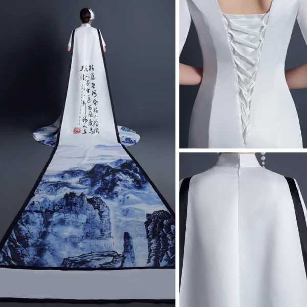 Chinese style White Satin Printing Cheongsam / Qipao 2021 Trumpet / Mermaid High Neck 1/2 Sleeves Watteau Train Formal Dresses