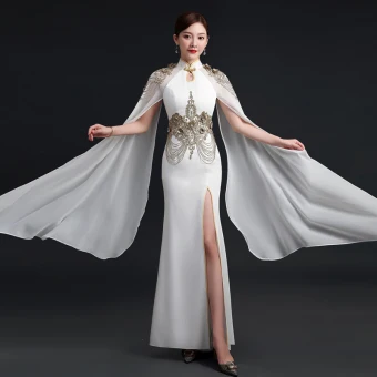 Elegant White Chiffon Cheongsam Qipao 2021 Trumpet Mermaid High Neck Long Sleeve Appliques Lace Beading Split Front Floor Length Long Ruffle Formal Dresses