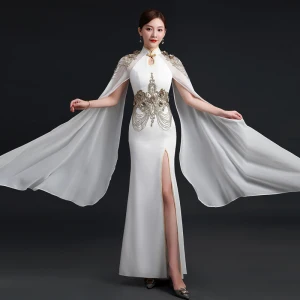 Elegant White Chiffon Cheongsam Qipao 2021 Trumpet Mermaid High Neck Long Sleeve Appliques Lace Beading Split Front Floor Length Long Ruffle Formal Dresses