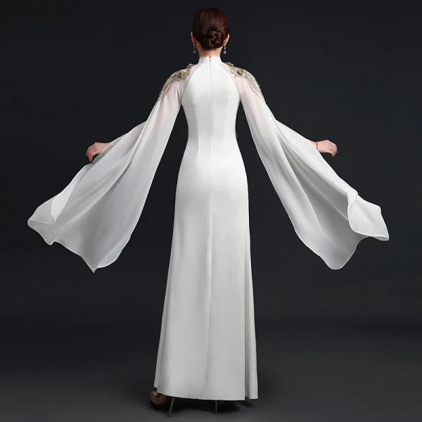 Elegant White Chiffon Cheongsam / Qipao 2021 Trumpet / Mermaid High Neck Long Sleeve Appliques Lace Beading Split Front Floor-Length / Long Ruffle Formal Dresses