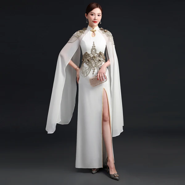 Elegant White Chiffon Cheongsam / Qipao 2021 Trumpet / Mermaid High Neck Long Sleeve Appliques Lace Beading Split Front Floor-Length / Long Ruffle Formal Dresses