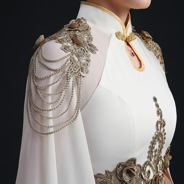 Elegant White Chiffon Cheongsam / Qipao 2021 Trumpet / Mermaid High Neck Long Sleeve Appliques Lace Beading Split Front Floor-Length / Long Ruffle Formal Dresses