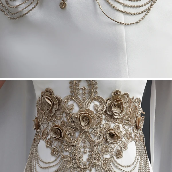 Elegant White Chiffon Cheongsam / Qipao 2021 Trumpet / Mermaid High Neck Long Sleeve Appliques Lace Beading Split Front Floor-Length / Long Ruffle Formal Dresses