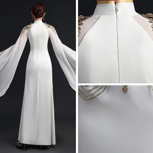 Elegant White Chiffon Cheongsam / Qipao 2021 Trumpet / Mermaid High Neck Long Sleeve Appliques Lace Beading Split Front Floor-Length / Long Ruffle Formal Dresses