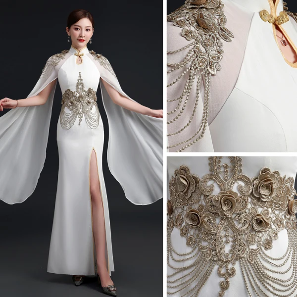 Elegant White Chiffon Cheongsam / Qipao 2021 Trumpet / Mermaid High Neck Long Sleeve Appliques Lace Beading Split Front Floor-Length / Long Ruffle Formal Dresses