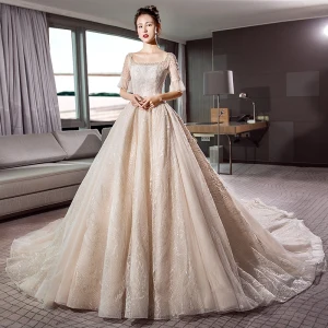 Vintage Retro Champagne Wedding Dresses 2018 A Line Princess Square Neckline 1 2 Sleeves Backless Crystal Beading Glitter Lace Cathedral Train Ruffle
