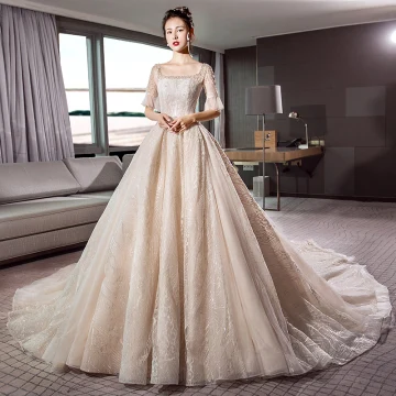 Vintage Retro Champagne Wedding Dresses 2018 A Line Princess Square Neckline 1 2 Sleeves Backless Crystal Beading Glitter Lace Cathedral Train Ruffle