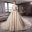 Vintage Champagner Brautkleider / Hochzeitskleider 2018 A Linie Eckiger Ausschnitt 1/2 Ärmel Rückenfreies Kristall Perlenstickerei Glanz Spitze Kathedrale Schleppe Rüschen