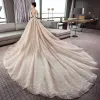 Vintage / Retro Champagne Wedding Dresses 2018 A-Line / Princess Square Neckline 1/2 Sleeves Backless Crystal Beading Glitter Lace Cathedral Train Ruffle