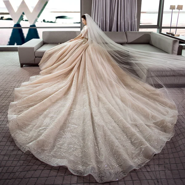 Vintage Champagner Brautkleider / Hochzeitskleider 2018 A Linie Eckiger Ausschnitt 1/2 Ärmel Rückenfreies Kristall Perlenstickerei Glanz Spitze Kathedrale Schleppe Rüschen