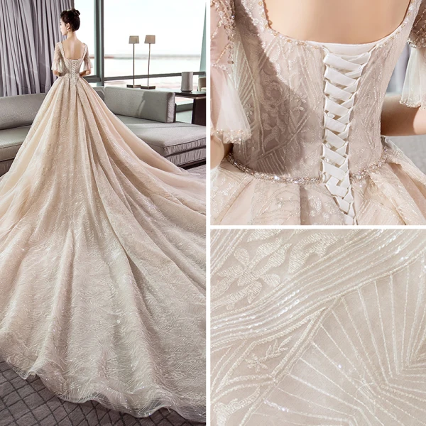 Vintage Champagner Brautkleider / Hochzeitskleider 2018 A Linie Eckiger Ausschnitt 1/2 Ärmel Rückenfreies Kristall Perlenstickerei Glanz Spitze Kathedrale Schleppe Rüschen
