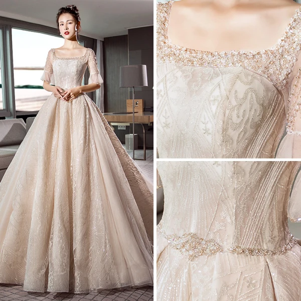 Vintage Champagner Brautkleider / Hochzeitskleider 2018 A Linie Eckiger Ausschnitt 1/2 Ärmel Rückenfreies Kristall Perlenstickerei Glanz Spitze Kathedrale Schleppe Rüschen