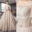 Vintage Champagner Brautkleider / Hochzeitskleider 2018 A Linie Eckiger Ausschnitt 1/2 Ärmel Rückenfreies Kristall Perlenstickerei Glanz Spitze Kathedrale Schleppe Rüschen