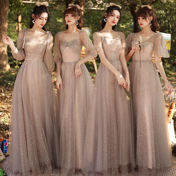 Sparkly Champagne Bridesmaid Dresses 2021 A-Line / Princess Backless Sequins Floor-Length / Long Ruffle