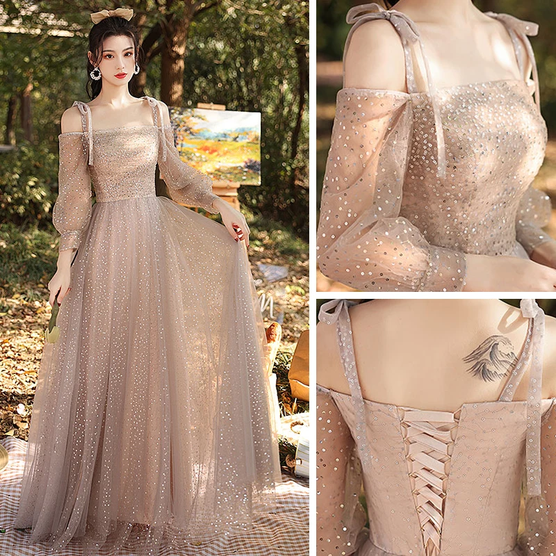 Sparkly Champagne Bridesmaid Dresses 2021 A-Line Princess Backless Sequins Floor-Length
