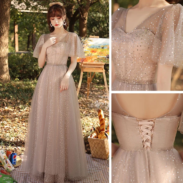Sparkly Champagne Bridesmaid Dresses 2021 A-Line Princess Backless Sequins Floor-Length Sparkly Champagne Bridesmaid Dresses 2021 A-Line Princess Backless Sequins Floor-Length