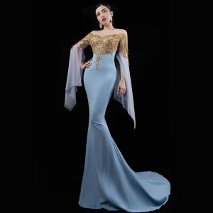 Luxe Bleu Ciel Transparentes Robe De Soirée 2021 Trompette Sirène Encolure Dégagée Manches Longues Manches De Cloche Appliques En Dentelle Perlage Paillettes Train De Balayage Robe De Ceremonie