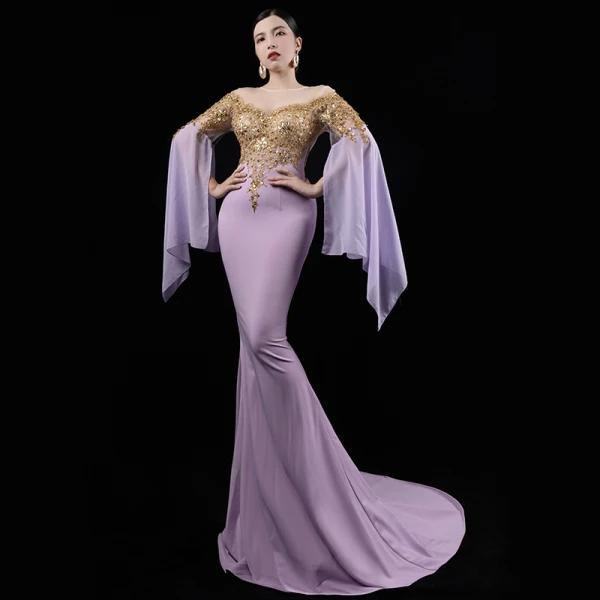Luxe Bleu Ciel Transparentes Robe De Soirée 2021 Trompette / Sirène Encolure Dégagée Manches Longues Manches de cloche Appliques En Dentelle Perlage Paillettes Train De Balayage Robe De Ceremonie