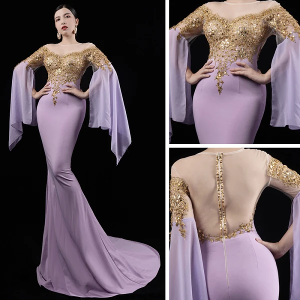 Luxe Bleu Ciel Transparentes Robe De Soirée 2021 Trompette / Sirène Encolure Dégagée Manches Longues Manches de cloche Appliques En Dentelle Perlage Paillettes Train De Balayage Robe De Ceremonie