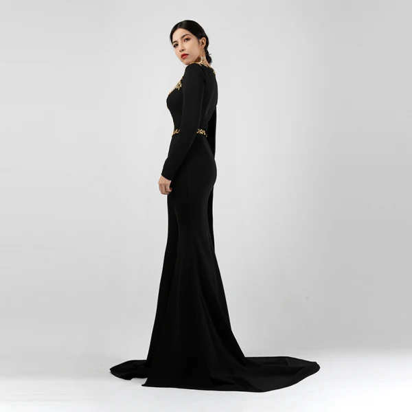 Luxe Noire Robe De Soirée 2021 Trompette / Sirène V-Cou Manches Longues Appliques En Dentelle Perlage Fendue devant Train De Balayage Robe De Ceremonie