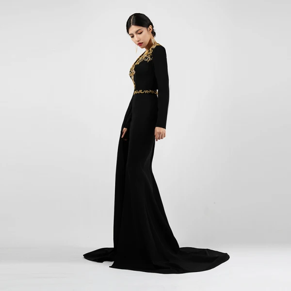 Luxe Noire Robe De Soirée 2021 Trompette / Sirène V-Cou Manches Longues Appliques En Dentelle Perlage Fendue devant Train De Balayage Robe De Ceremonie