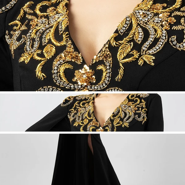 Luxe Noire Robe De Soirée 2021 Trompette / Sirène V-Cou Manches Longues Appliques En Dentelle Perlage Fendue devant Train De Balayage Robe De Ceremonie