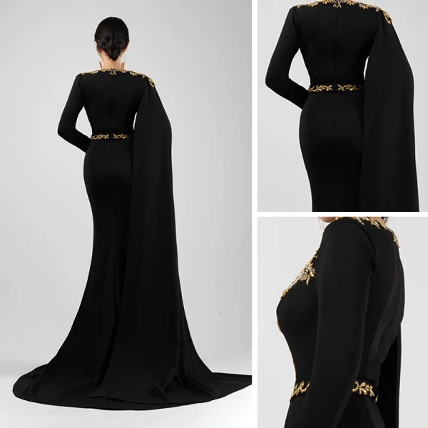 Luxe Noire Robe De Soirée 2021 Trompette / Sirène V-Cou Manches Longues Appliques En Dentelle Perlage Fendue devant Train De Balayage Robe De Ceremonie