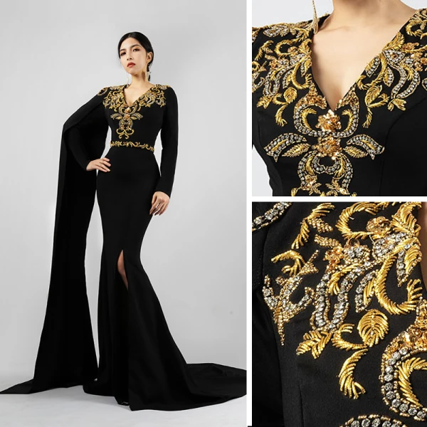 Luxe Noire Robe De Soirée 2021 Trompette / Sirène V-Cou Manches Longues Appliques En Dentelle Perlage Fendue devant Train De Balayage Robe De Ceremonie