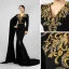 Luxe Noire Robe De Soirée 2021 Trompette / Sirène V-Cou Manches Longues Appliques En Dentelle Perlage Fendue devant Train De Balayage Robe De Ceremonie