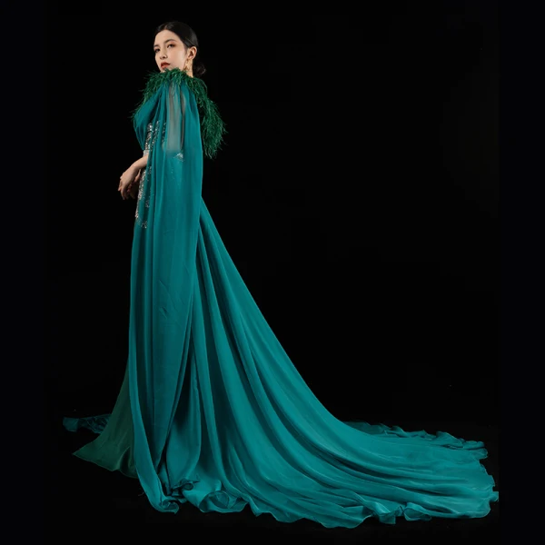 Luxury / Gorgeous Red Carpet Green Evening Dresses 2021 Trumpet / Mermaid Square Neckline Sleeveless Feather Beading Sequins Split Front Watteau Train Ruffle Backless Formal Dresses