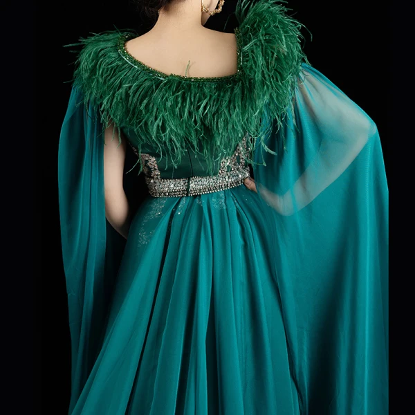 Luxury / Gorgeous Red Carpet Green Evening Dresses 2021 Trumpet / Mermaid Square Neckline Sleeveless Feather Beading Sequins Split Front Watteau Train Ruffle Backless Formal Dresses