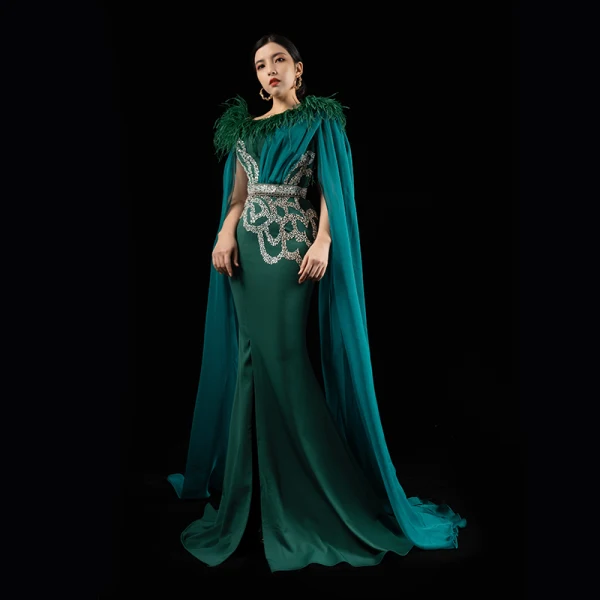 Luxury / Gorgeous Red Carpet Green Evening Dresses 2021 Trumpet / Mermaid Square Neckline Sleeveless Feather Beading Sequins Split Front Watteau Train Ruffle Backless Formal Dresses