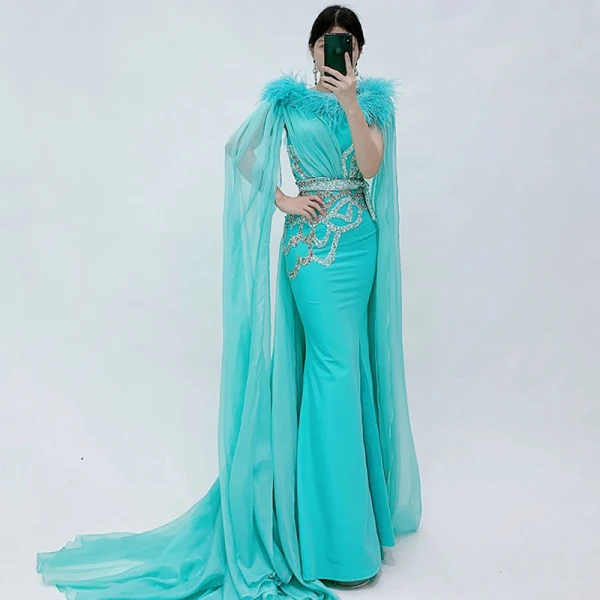 Luxury / Gorgeous Red Carpet Green Evening Dresses 2021 Trumpet / Mermaid Square Neckline Sleeveless Feather Beading Sequins Split Front Watteau Train Ruffle Backless Formal Dresses
