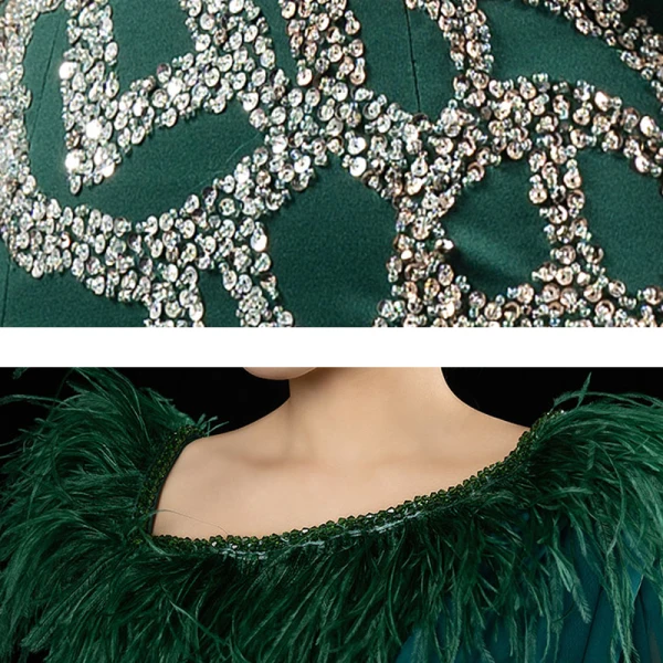Luxury / Gorgeous Red Carpet Green Evening Dresses 2021 Trumpet / Mermaid Square Neckline Sleeveless Feather Beading Sequins Split Front Watteau Train Ruffle Backless Formal Dresses